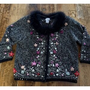 Vintage 90s Y2K Berek Cardigan Sweater Beaded Feather Trim Floral 2000s Medium